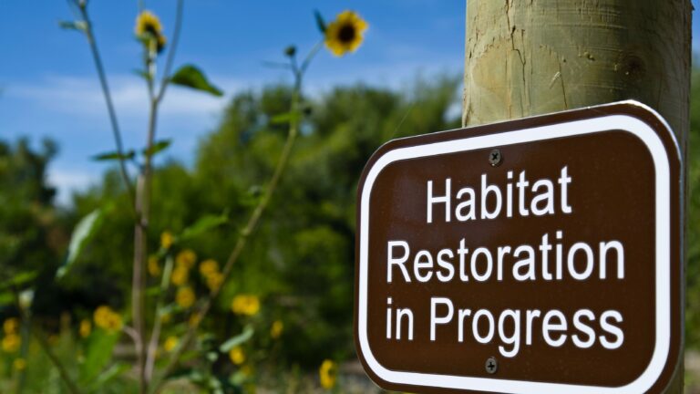 Sign in front of sunflower that says habitat restoration in progress.