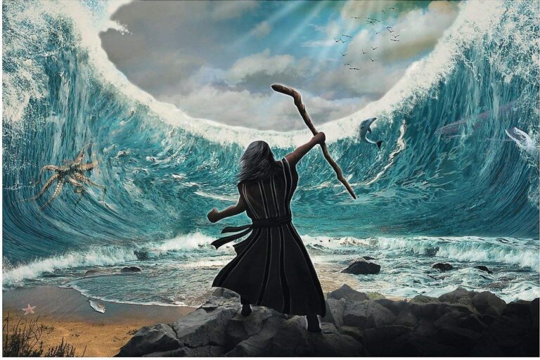 Moses holding up his staff and parting the Red Sea.